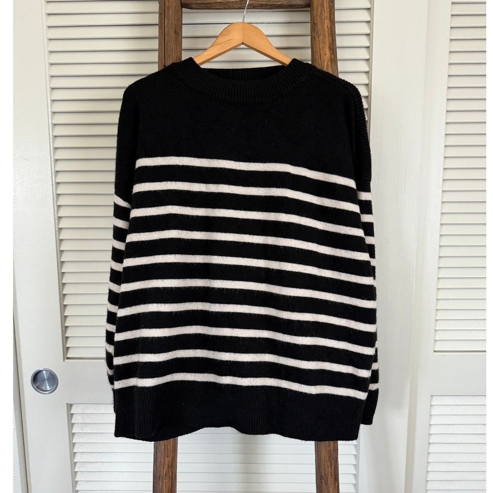 Zara Striped Knit Sweater Large Womens‎ Black White Crew Neck Pullover